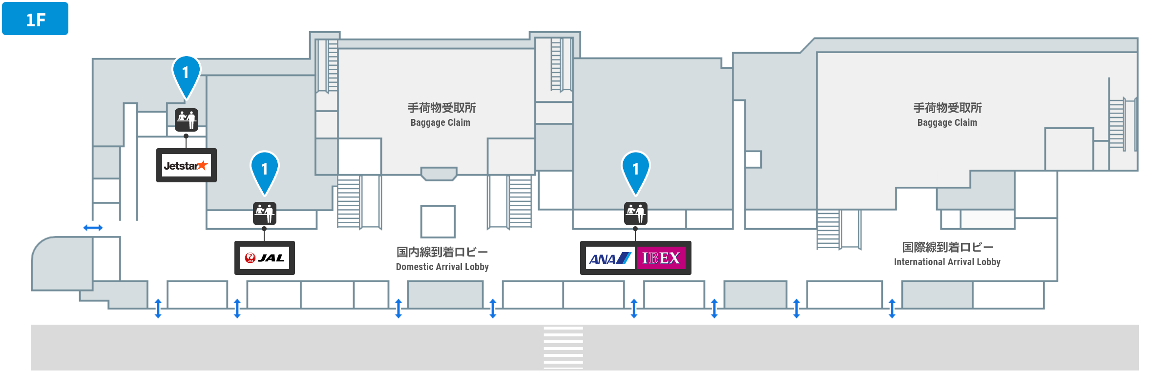 国内線出発時のチェックイン（搭乗手続き）1階のフロアガイド