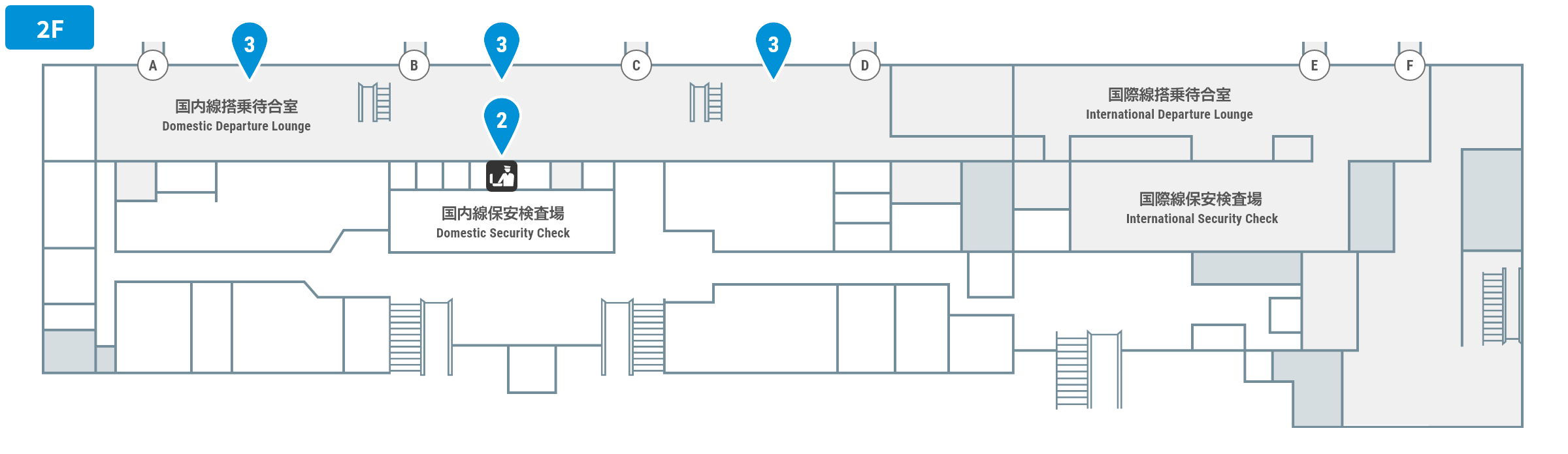 国内線出発時のチェックイン（搭乗手続き）2階のフロアガイド