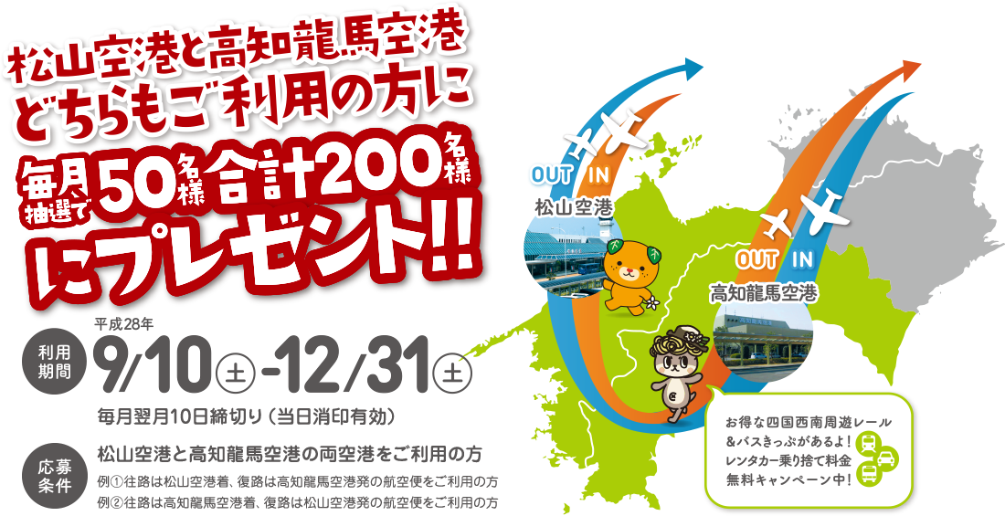 松山空港と高知龍馬空港どちらもご利用の方に毎月抽選で50名様合計200名様にプレゼント!!